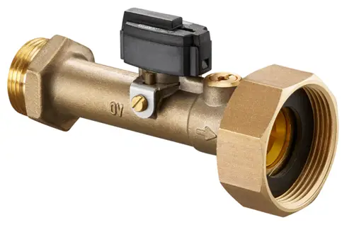 Elektronischer Volumenstromsensor von Oventrop mit einem Anschluss für Flüssigkeitsleitungen, ausgestattet mit einem schwarzen Gehäuse und einer Messvorrichtung.